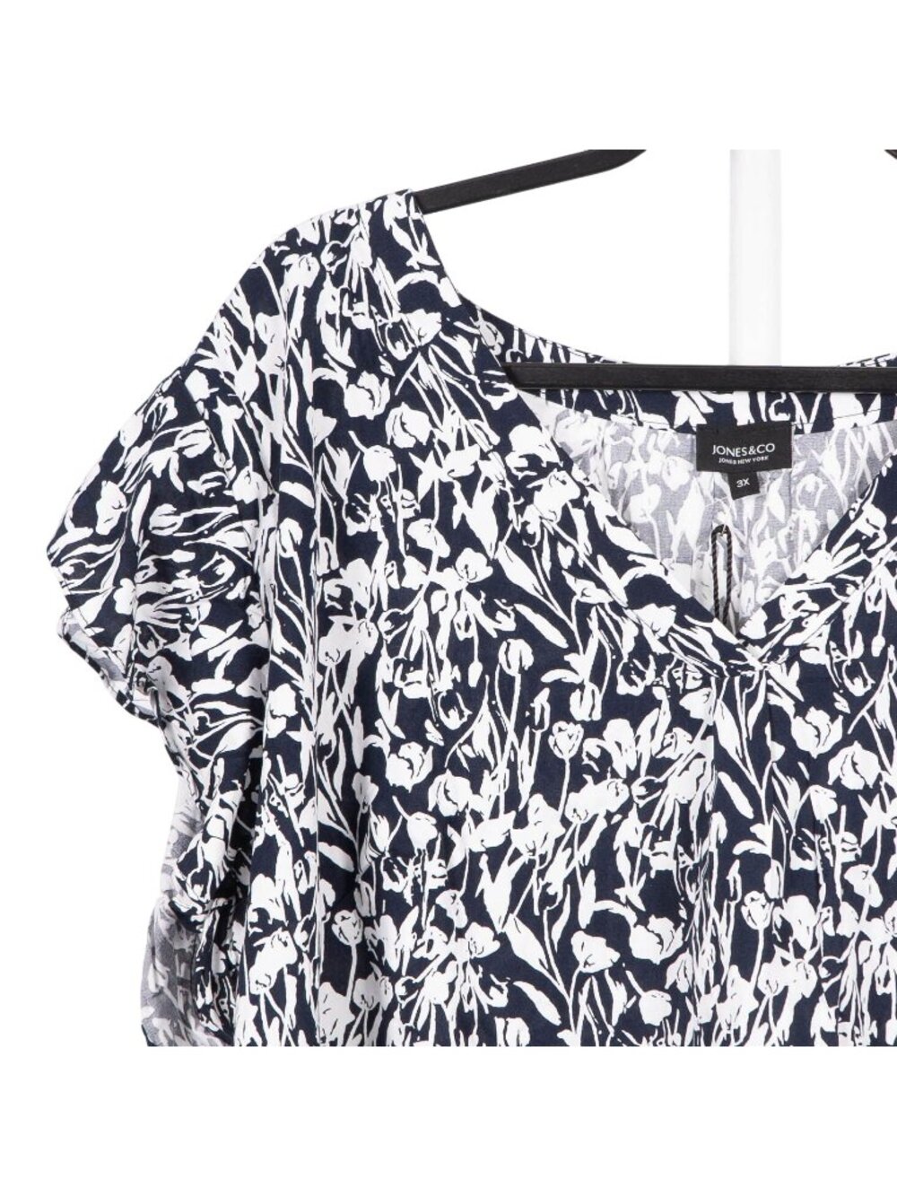 Jones & Co VNeck Blouse 3X Women NEW Shirt Floral Blue White Ruffle Sleeve Tulip - Picture 2 of 7